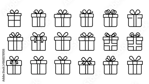 Minimalistic Line Art Collection of Gift Boxes with Ribbons for Celebrations