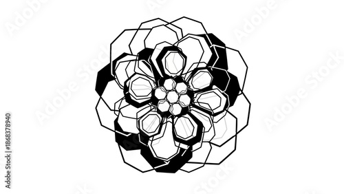 Abstract geometric pattern of overlapping hexagons forming a complex floral design in black and