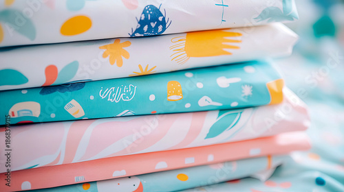 Stack of rolled fabric or paper with whimsical, colorful, and modern geometric and organic patterns, featuring playful illustrations and pastel color palettes for cheerful aesthetic.