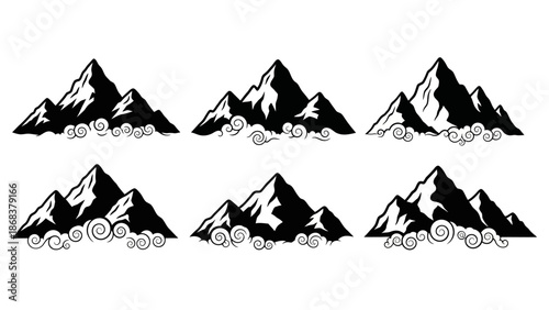 Set of Artistic Mountain Illustrations with Snow Caps and Swirling Clouds in Black and White