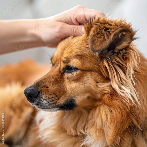 Gentle Hand Petting A Fluffy Brown Dog Showing Affection And Trust Close Up Portrait