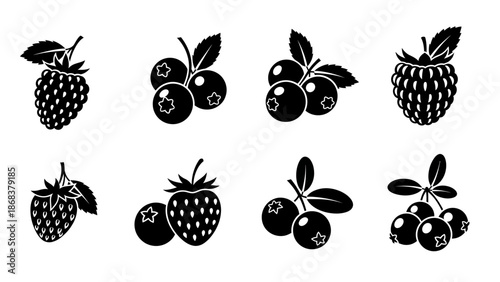 Set of black and white vector illustrations of various berries and fruits including strawberries