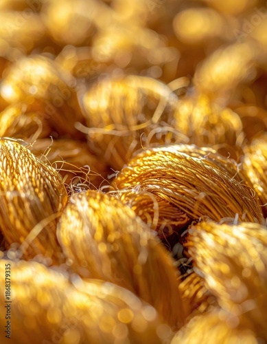 Extreme CloseUp Of Golden Brown Woven Fabric Threads With Sunlight Illuminated Fibers And Shallow Depth Of Field