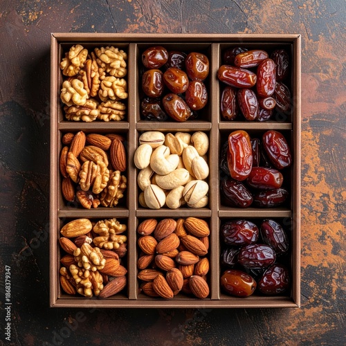 Assortment of Healthy Dried Fruits and Nuts in Square Compartment Box with Walnut Pecan Cashew Almond Pistachio Dates Arrangement Top Down View Rustic Background