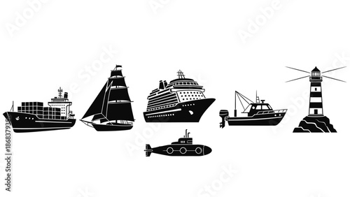 Silhouettes of Different Marine Vessels Including Ships Submarine and Lighthouse in a Minimalist