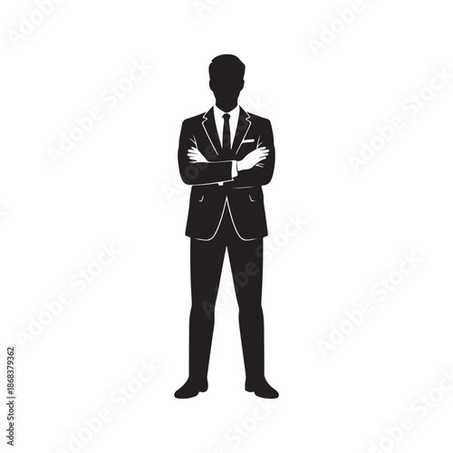 Full Length Silhouette of a Confident Businessman Standing with Arms Crossed and Folded.