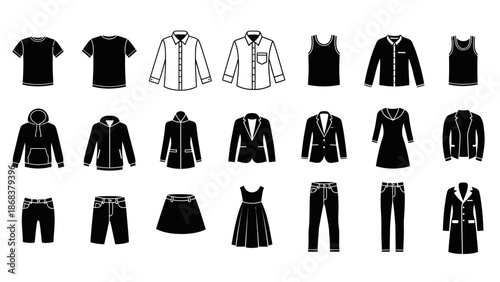 Collection of casual and formal clothing icons showcasing diverse apparel styles for men and women