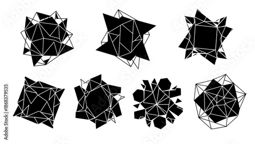 Abstract geometric 3D shapes collection showcasing various polyhedral structures in black and white