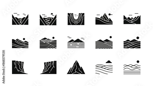 Minimalist Black and White Mountain and Landscape Icon Set for Creative Design