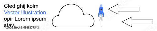 Innovation, progress, technology trends, future ideas, aerospace, conceptual design. Cloud, blue rocket and arrows . Innovation and progress through a futuristic concept