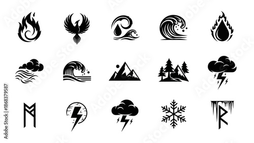 Set of 15 black and white weather and nature icons representing fire wind storm mountain rain