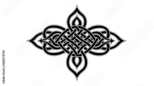 Intricate black and white Celtic knotwork design with symmetrical patterns and flowing lines