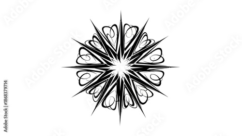 Intricate black and white symmetrical starburst design with heart motifs in a creative circular