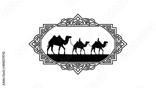 Elegant black and white silhouette of a caravan of camels within an ornate geometric frame