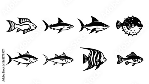 Collection of various black and white fish silhouettes in different styles and shapes for design
