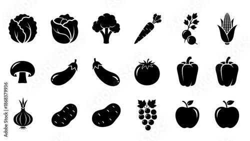 Collection of black silhouette vegetable and fruit icons in minimal style for design projects