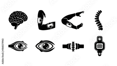 Innovative Concept Illustration Combining Brain, Human Limbs, and Technology Symbols in Black and