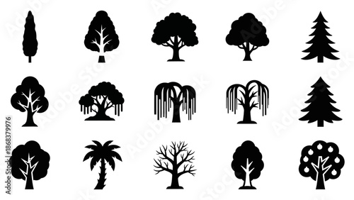 Collection of Black Silhouettes of Various Tree Types Including Conifers and Deciduous Trees for