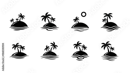 Set of minimalist black island and palm tree icons representing tropical scenery and islands