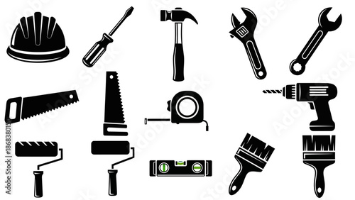 Collection of various hand tools and equipment silhouettes for construction and repair work