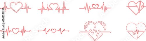 Heart Rhythm Icon set. Electrocardiogram, ECG - EKG signal, Heart Beat pulse line concept design element. Heartbeat line, pulse, cardiogram, medical health care, heart rhythm, red outline vector.