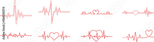 Heart Rhythm Icon set. Electrocardiogram, ECG - EKG signal, Heart Beat pulse line concept design element. Heartbeat line, pulse, cardiogram, medical health care, heart rhythm, red outline vector.
