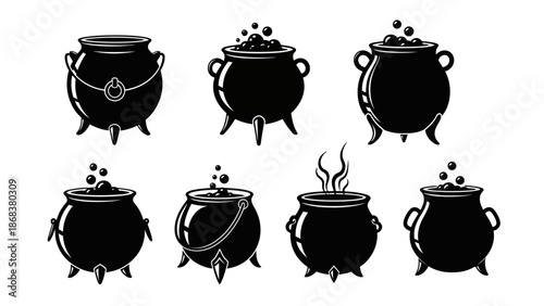Set of Eight Traditional Cauldrons with Distinct Designs and Steam Effects for Cooking and Rituals