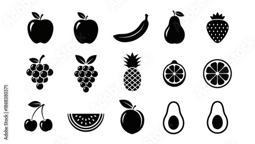 Minimalist Black and White Fruit Icons Illustration Featuring Apples Bananas Strawberries