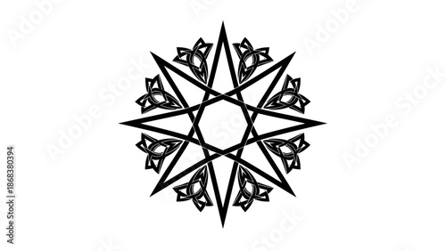 Intricate Black Symmetrical Geometric Mandala Design with Floral Elements