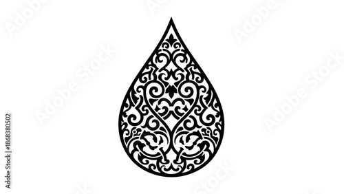 Intricate Black And White Ornamental Water Drop Shape Illustration with Detailed Flourishes