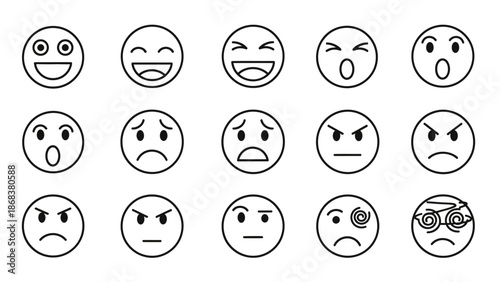 Collection of circular emoticons displaying a variety of facial expressions and emotions for