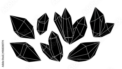 Abstract black geometric crystal shapes with white outline on white background