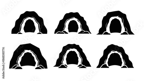 Minimalist Artistic Depiction of Cave or Mountain Openings in Black and White Style with Six