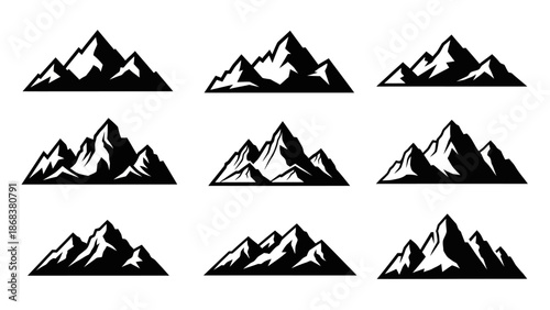 Set of Nine Diverse Mountain Range Illustrations in Black and White Minimalist Style for Nature