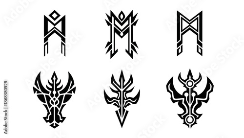 Quadro em tela Set of six intricate tribal tattoo designs in black and white with symmetrical p