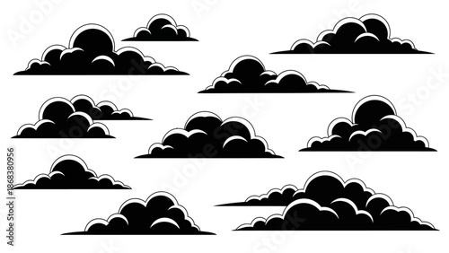 Collection of Various Black and White Cloud Silhouettes with Different Shapes and Sizes for Design