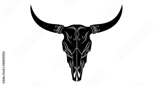 Stylized Black Skull of a Bull with Intricate Decorative Elements and Curved Horns for Artistic