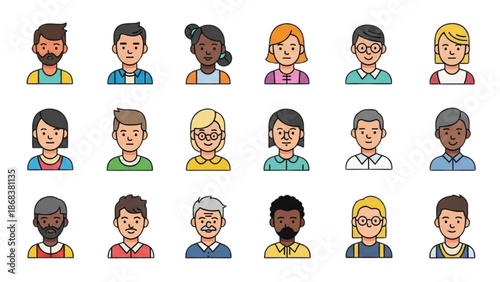 Diverse group of people illustrated in a grid, showcasing various ethnicities and ages in a simple, colorful style.