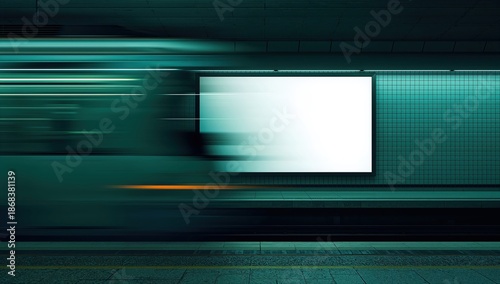 Blank billboard in subway station with motion blur train representing transport advertising space