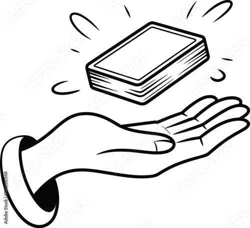 Levitation trick line-art magician’s hand below floating card deck