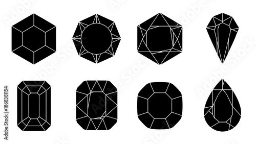 Set of geometric gemstone outlines with various faceted shapes in black and white