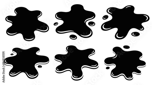 Collection of black ink splatters and blotches in various irregular shapes and sizes on a white