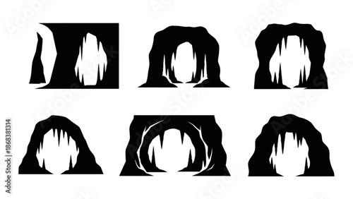 Abstract black and white silhouette silhouettes of mountain cave entrances and formations