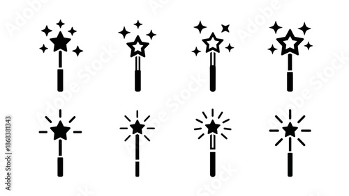 Set of minimalist magic wand icons with star and sparkles in black and white
