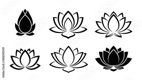 Set of Six Minimalist Lotus Flower Icons in Black Silhouettes for Spiritual and Meditation Themes