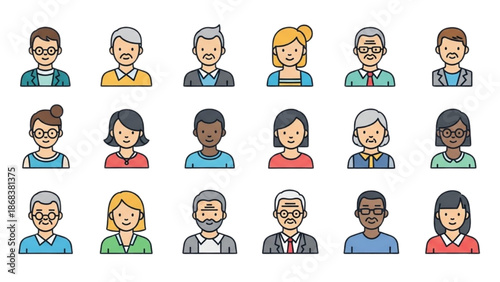 Diverse group of people from various age groups and professions illustrated in a grid pattern