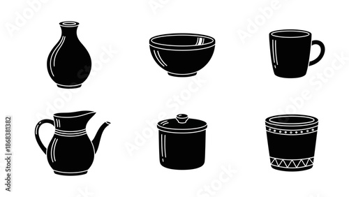 Collection of Black and White Silhouettes of Various Kitchenware Items for Cooking and Serving