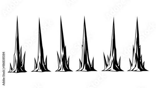 Abstract black and white stylized mountain peaks with jagged edges and sharp points forming a