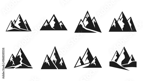 Set of Eight Minimalist Mountain Logo Icons in Black and White for Outdoor Branding