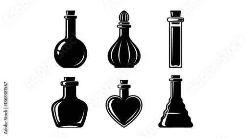 Collection of Black and White Potion Bottle Icons for Web or Mobile Design